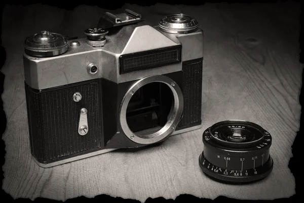 Old manual camera with own lens — Stock Photo, Image