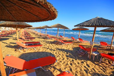 Şemsiye ve sundecks kumlu Banana Beach Zakynthos, Yunanistan. Muz en büyük plaj Zakynthos olanıdır.