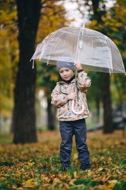 Sonbahar ormanlarında şemsiyeyle oynayan çocuk