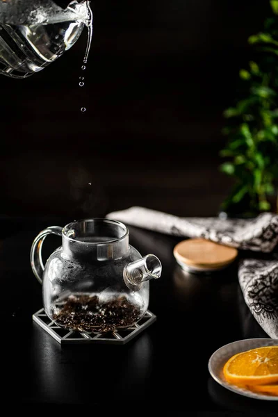 Brewing Tea Pouring Boiling Water Kettle — Stock Photo, Image