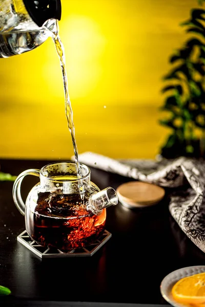 Brewing Tea Pouring Boiling Water Kettle — Stock Photo, Image