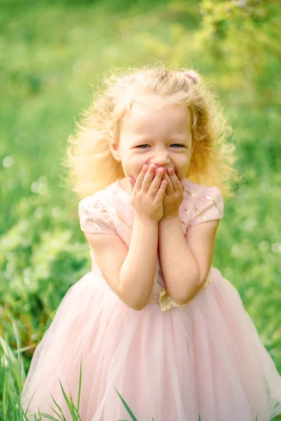 Little Girl Pink Dress Field — Stock Photo, Image