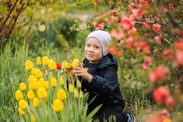 Chlapec Kvetoucích Stromech Dítě Zkouší Casting — Stock fotografie