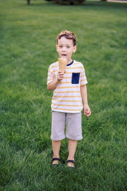 Elinde dondurma olan bir çocuk.