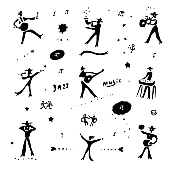 Jazz band musicisti doodle set, simboli vettoriali — Vettoriale Stock