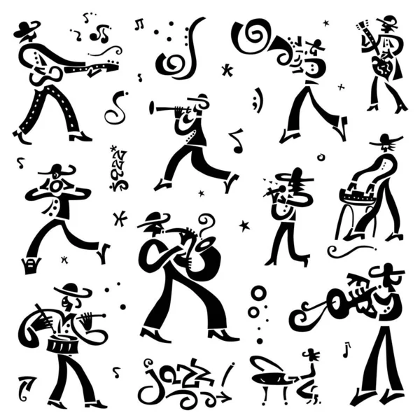 Jazz band muzikanten doodle set, vector symbolen — Stockvector