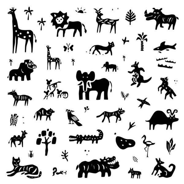 Jungle animals - vector icon set , doodle collection — Stock Vector