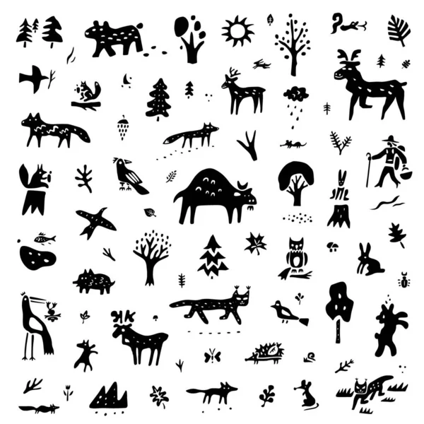 Forest animals nature doodle icon set, desisn elements — Stock Vector