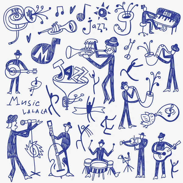 Músicos de jazz doodles conjunto — Archivo Imágenes Vectoriales