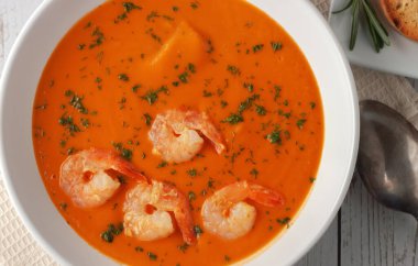 Karides, domates ve biberiyeli fasulye püresi çorbası. Sağlıklı bir diyet. Vejetaryen, vejetaryen çorbası.