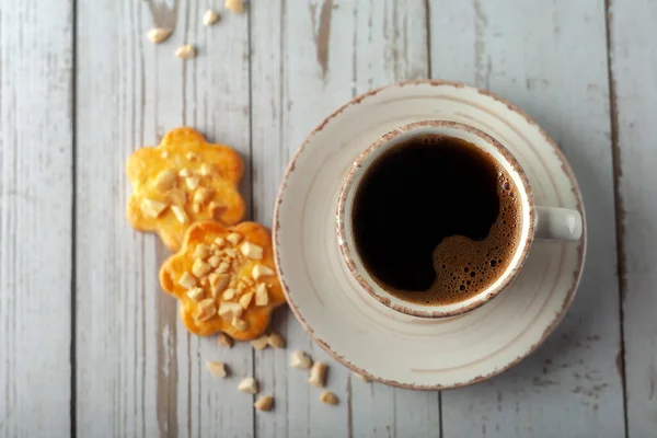 Sur Une Vieille Table Bois Blanc Une Tasse Café Aromatique — Photo