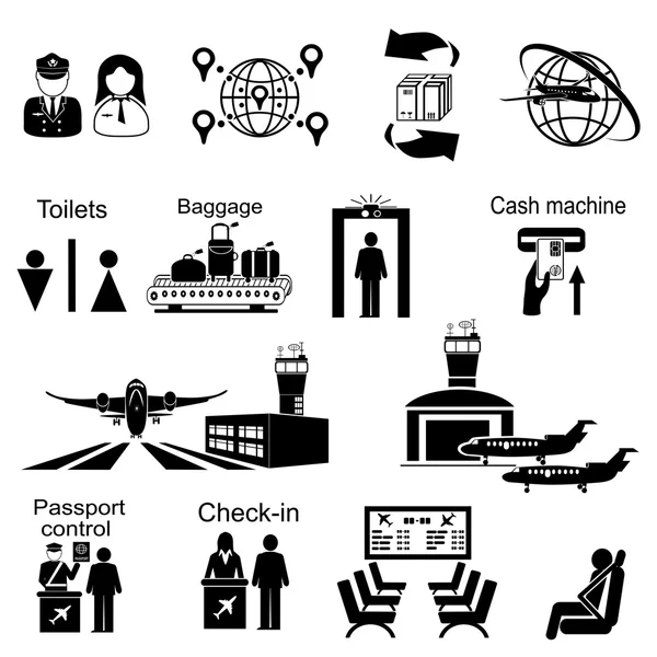 Elementos del aeropuerto desde avión y terminal — Vector de stock