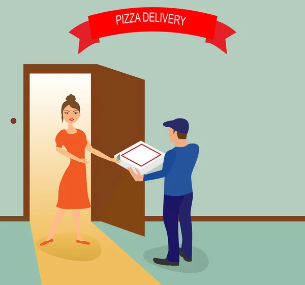 Pizza delivery boy handing pizza — Stock Vector