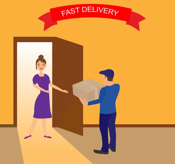 Pekerja jasa pengiriman memberikan paket - Stok Vektor