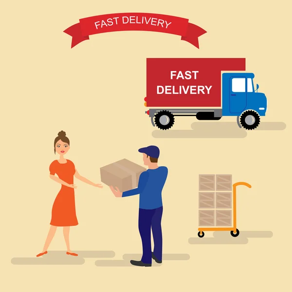 Delivery service worker delivering parcel — Stock Vector