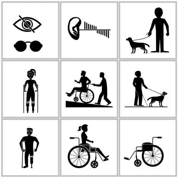 Personas con discapacidad cuidado ayuda asistencia — Archivo Imágenes Vectoriales