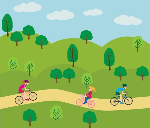 Hombre y mujer y niños andando en bicicleta — Vector de stock