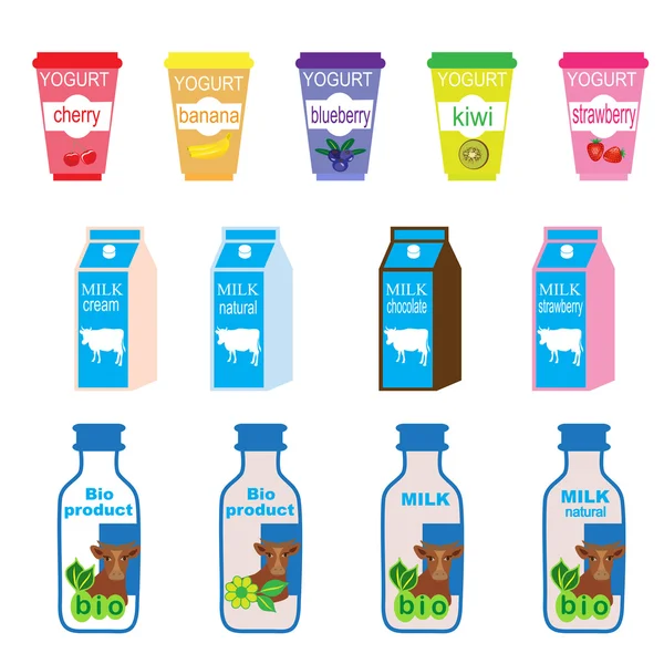 Produtos lácteos e bebidas dos desenhos animados —  Vetores de Stock
