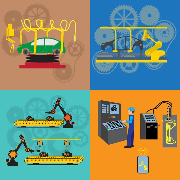 Robots trabajando en fábrica — Vector de stock