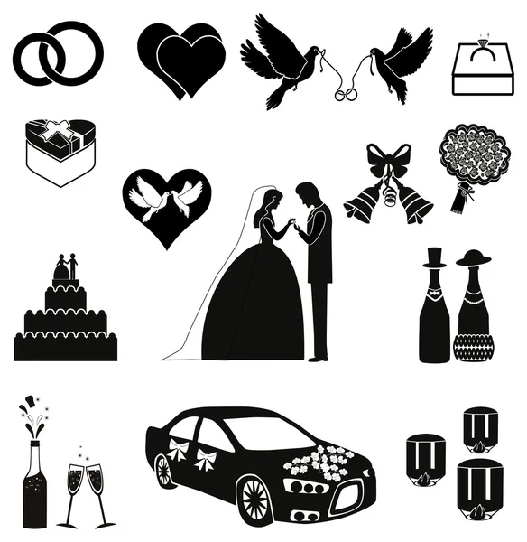 Hochzeitssymbole und Silhouetten — Stockvektor