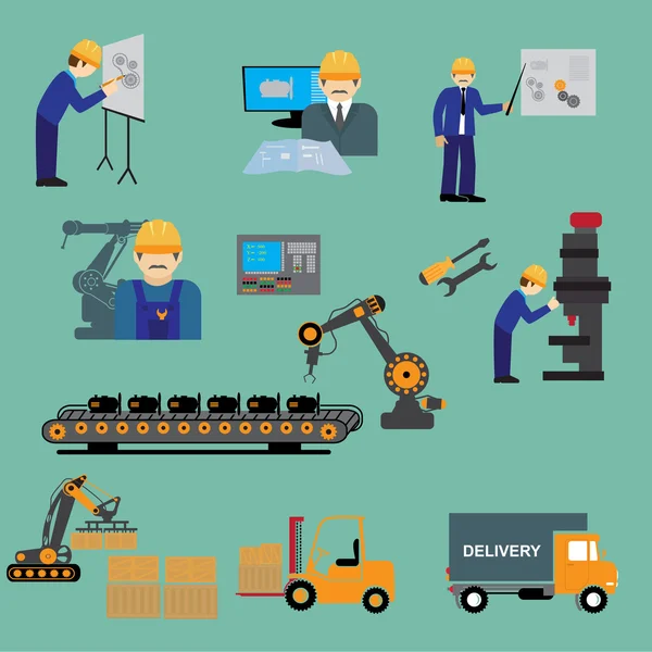 Fabrika üretim süreci tasarım üretim montaj test teslim Infographic vektör çizim