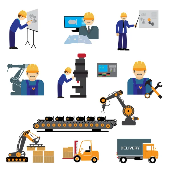 Fabrika Üretim Süreci Tasarım Üretim Montaj Test Teslim Infographic Vektör — Stok Vektör