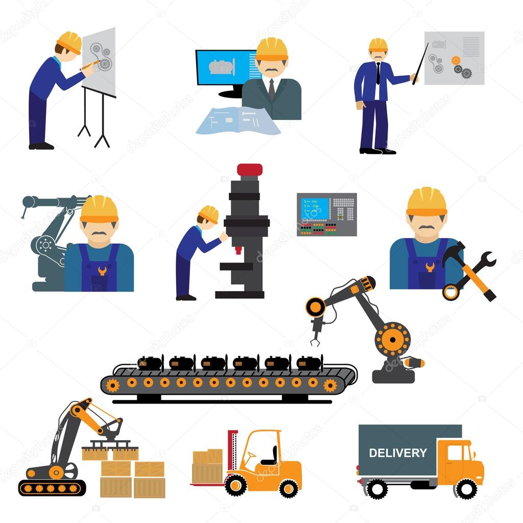 Factory production process of design manufacture assembly test deliver infographic vector illustration