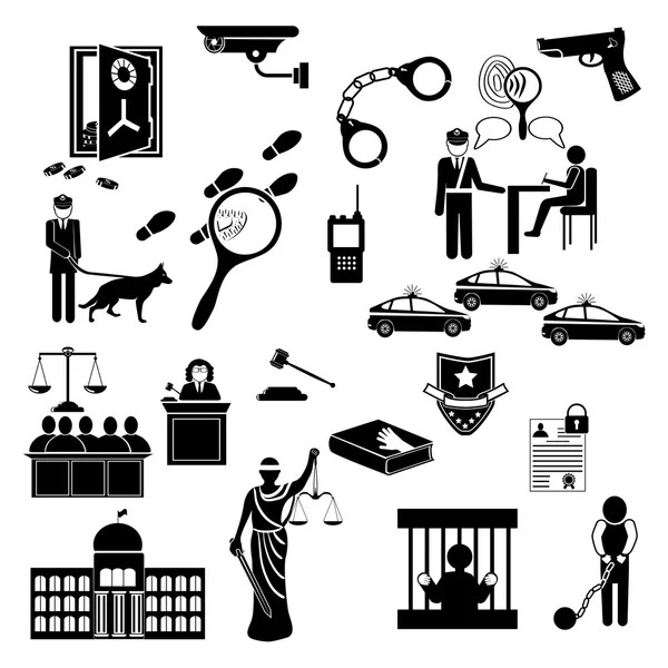 Strafrechtelijke en politiële icons set — Stockvector