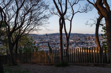Barcelona (İspanya), Montjuic Hill 'den şehrin bahar manzarası. Parktaki ağaçlar ve ahşap bir çit günbatımında şehrin görüntüsünü oluşturuyor..