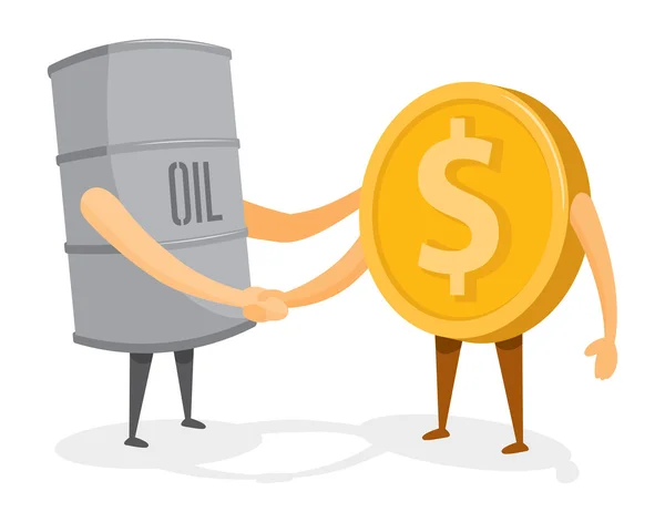 Handshake between oil barrel and gold coin or money — Stock Vector