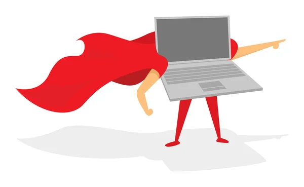 Laptop ou computador super herói de pé com capa — Vetor de Stock