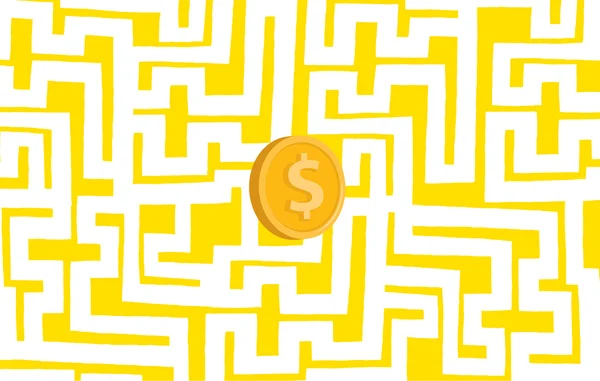 Complex maze looking for money or searching coin — Stock Vector