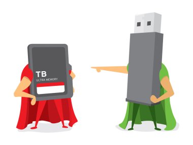 Technology battle between flash drive and memory card heroes clipart