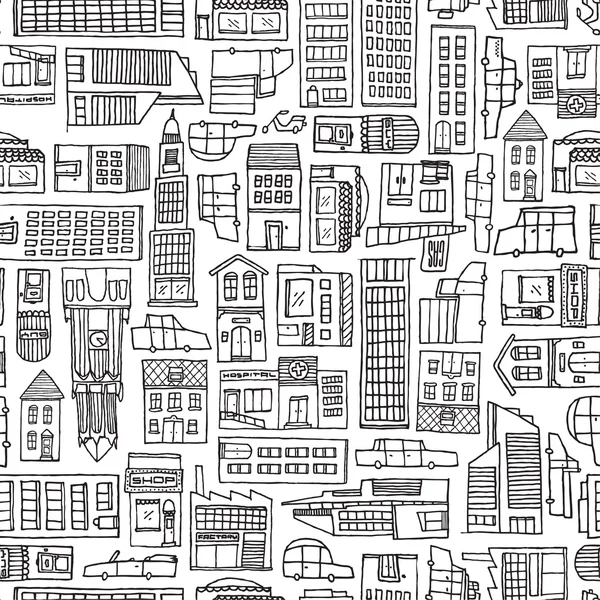 Textura de la ciudad de dibujos animados en blanco y negro para colorear adulto — Vector de stock