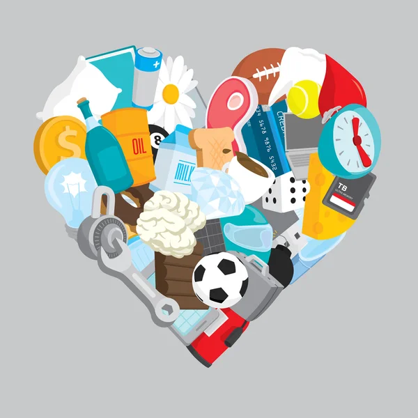 Corazón amante de muchos objetos diferentes — Vector de stock