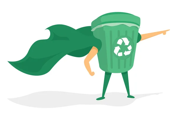 Green recycle bin super hero with cape — Stock Vector