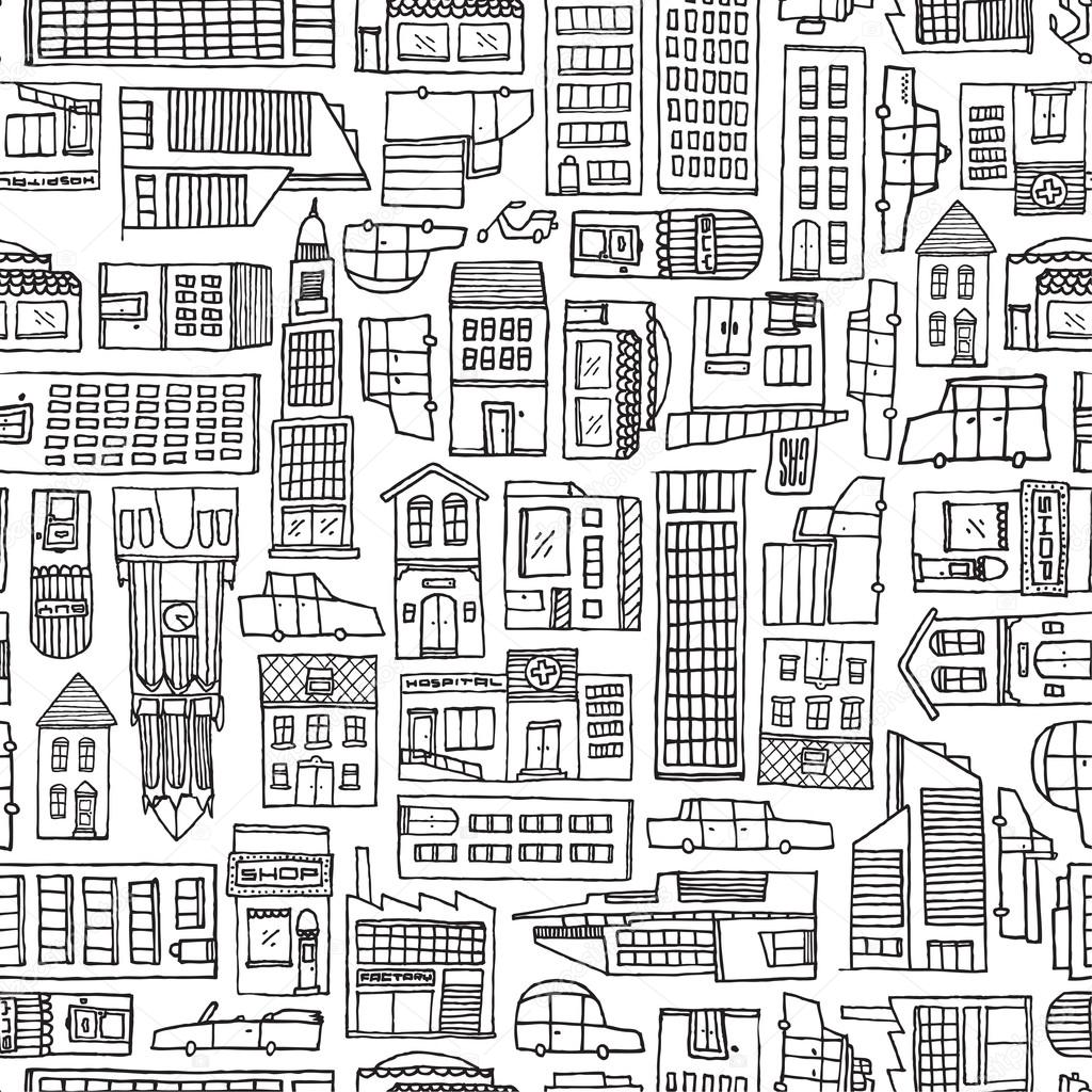 Noir et blanc dessin animé ville texture pour Coloriage adulte — Image vectorielle