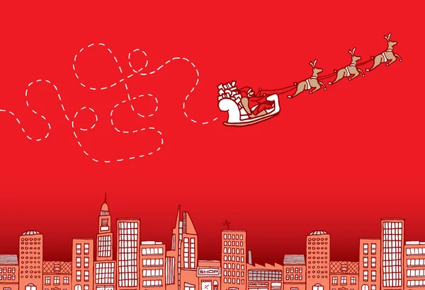 Santa confusa volando en navidad sobre la ciudad — Vector de stock