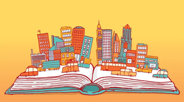 Libro abierto que muestra una ciudad ocupada — Vector de stock