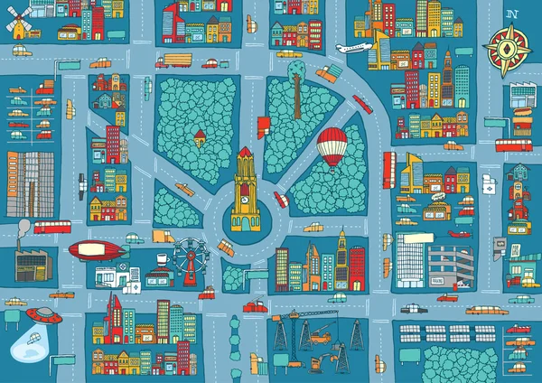 Peta kota yang sibuk dan kompleks - Stok Vektor