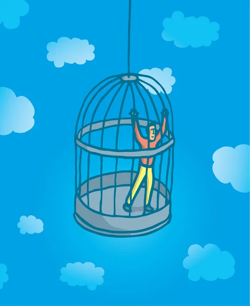 Petit homme prisonnier en cage à oiseaux — Image vectorielle