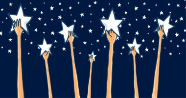 Group of hands reaching for the stars or success clipart