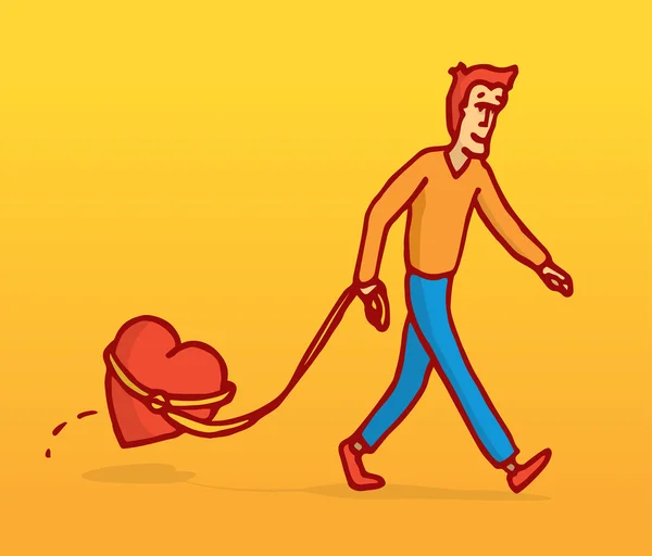 Uomo che cammina con il cuore al guinzaglio — Vettoriale Stock