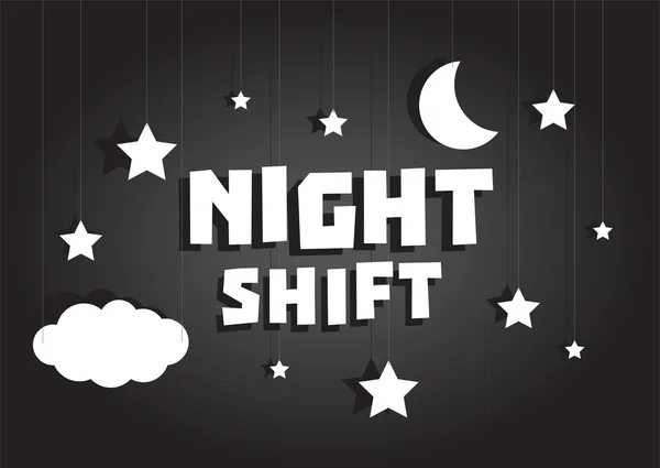 Night shift sign hanging with stars and moon sky — Stock Vector