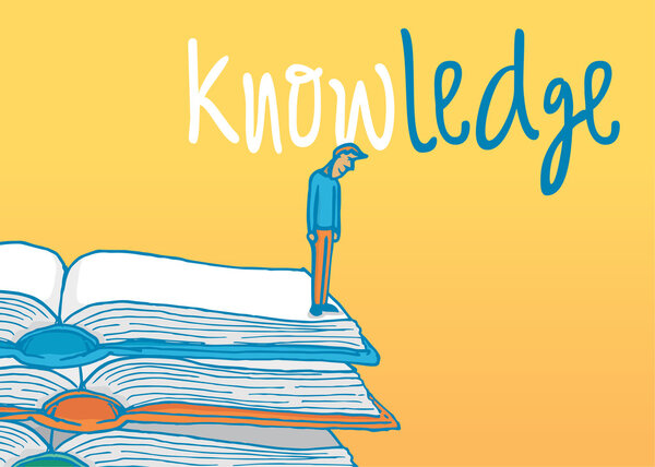 Человек, стоящий на краю некоторых книг, сталкивающийся со знанием
