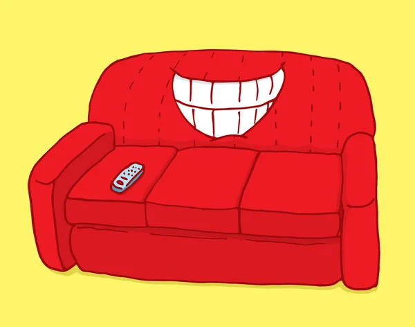 Mutató fogak, ironikus vigyorral piros kanapé — Stock Vector