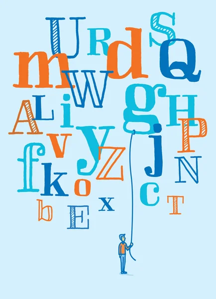 Homme tenant une lettre flottante de l'alphabet volant — Image vectorielle