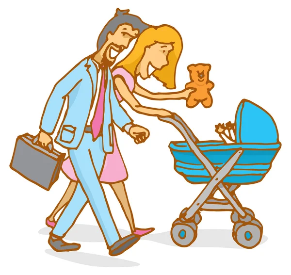 Family or parent couple watching their baby on stroller — Stock Vector