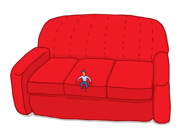 Pequeño hombre sintiéndose pequeño en el sofá — Archivo Imágenes Vectoriales