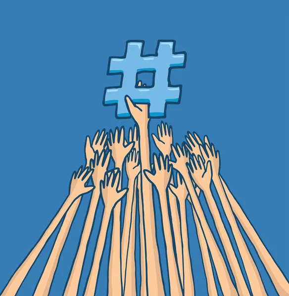 Manos luchando para llegar a hashtag tema de tendencia — Vector de stock